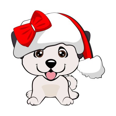 Kırmızı saçlı mutlu köpek beyaz yakalı kırmızı ceketli ve beyaz arka planda beyaz bir pompon ile kırmızı şapkalı.