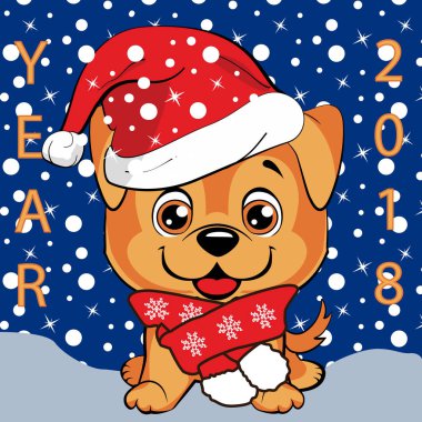 Yazıtlı kartpostal 2018. Beyaz ponpon ve kar taneleri bir desen ile kırmızı bir eşarp ile kızıl saçlı mutlu köpek