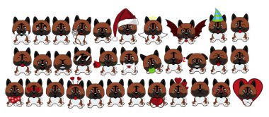 Büyük bir sürü farklı köpek. Farklı duygulara sahip kahverengi yavrular. Köpek Amerikan Akita.