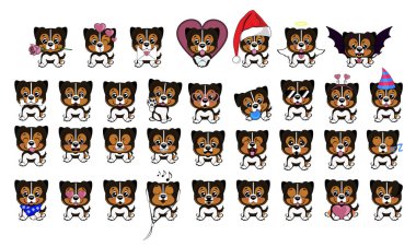 Büyük bir sürü farklı köpek. Farklı duygulara sahip kahverengi yavrular. Avustralya çoban karikatür.