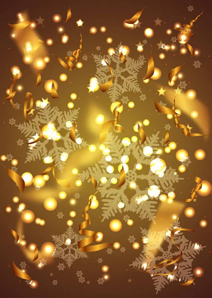 Confete dourado, estrela e flocos de neve em um fundo gradiente amarelo — Vetor de Stock