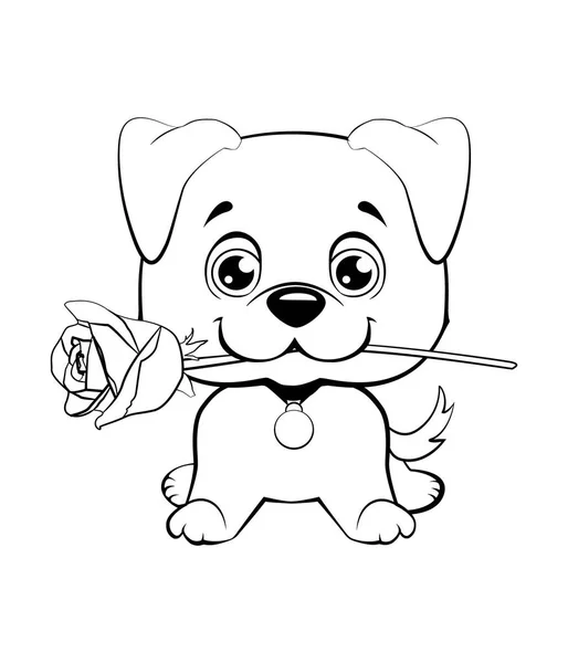 Schattige puppy met een bloem cartoon hand getekende vector illustratie. — Stockvector