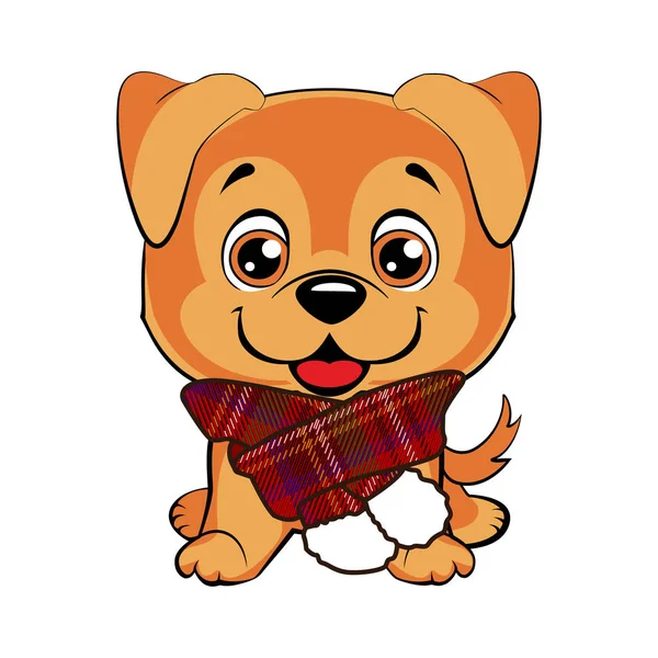 Cheerful red dog with a scarf sits. Scarf with tartan pattern. Pattern in a cell. Red background with blue, white, yellow, green, black and red stripes. — Stock Vector