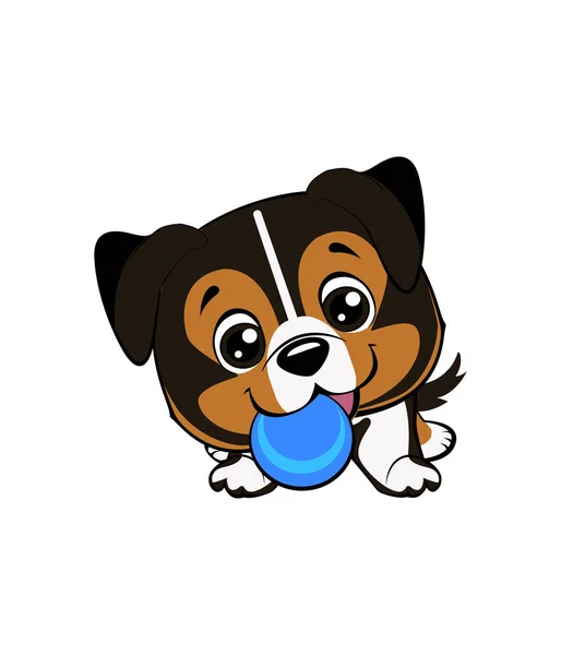 Dibujo de estilo de dibujos animados vectoriales de un cachorro juguetón jugando con una pelota de tenis. . — Vector de stock