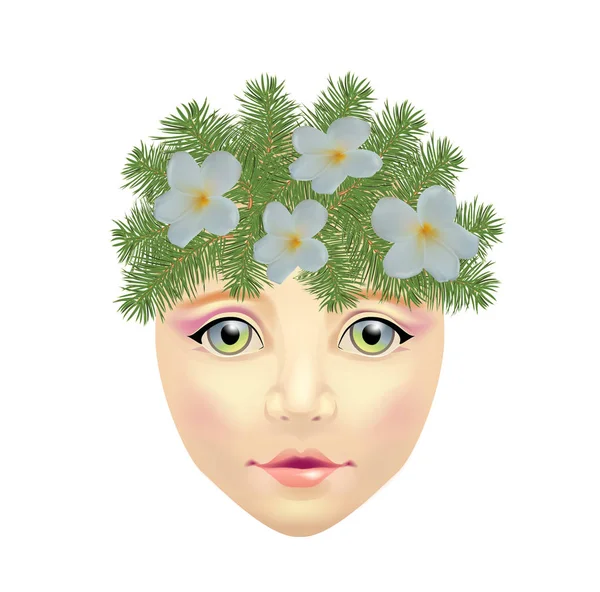 The face of a young girl with fir branches on her head — Stock Vector