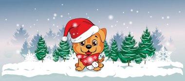 Beyaz ponpon ve kar taneleri bir desen ile kırmızı bir eşarp ile kızıl saçlı mutlu köpek