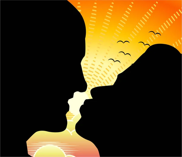 Silhouette of two profile faces of a man and woman in a kiss — Stock Vector