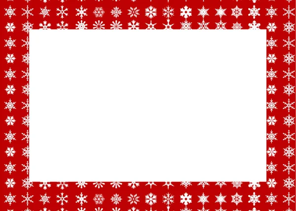 Vorlage für Postkarte mit rotem Rahmen mit einem Muster mit weißen Schneeflocken verschiedener Art — Stockvektor