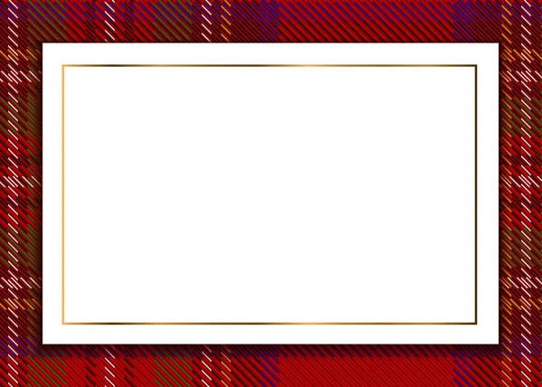 Royal Stewart Tartan como uma moldura para um cartão de felicitações. modelo de um cartão de saudação com um fundo vermelho e um padrão em uma caixa com tiras coloridas —  Vetores de Stock