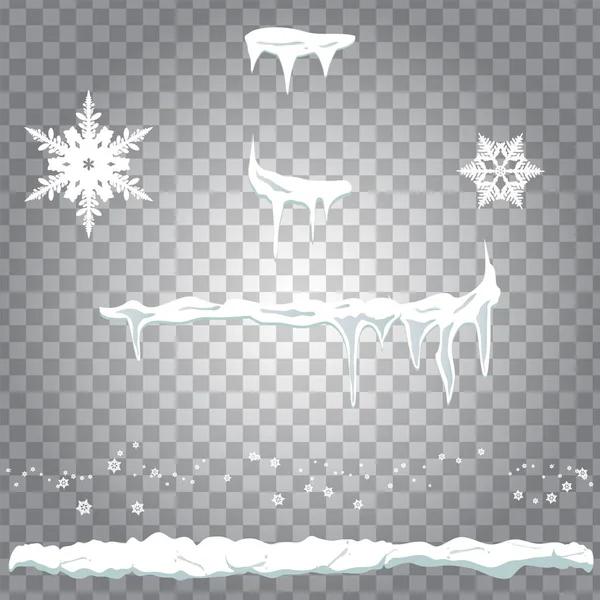 Conjunto de dibujo de nieve, carámbanos colgantes y copos de nieve — Vector de stock