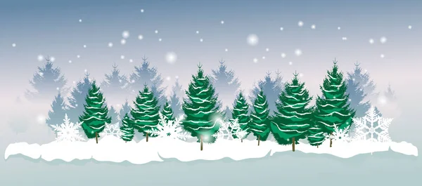 背景にモミの木や雪の結晶と冬の風景 — ストックベクタ
