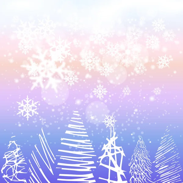 Sněhové vločky padající z nebe a šest vánočních stromků — Stockový vektor