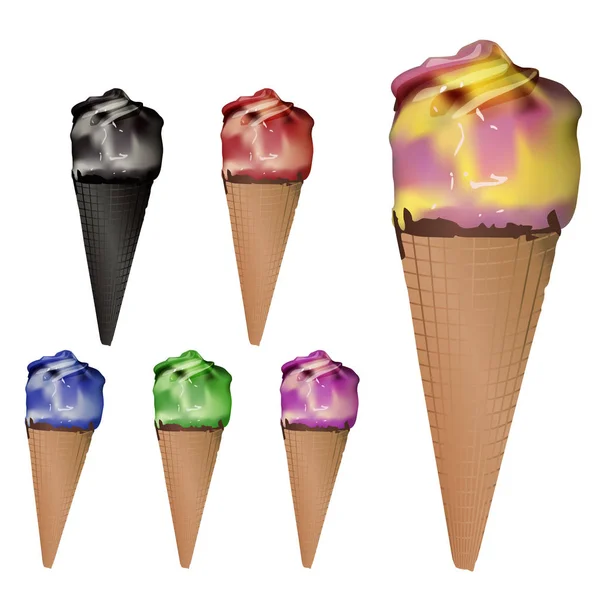 와플 콘 다른 색상의 아이스크림 콘 — 스톡 벡터