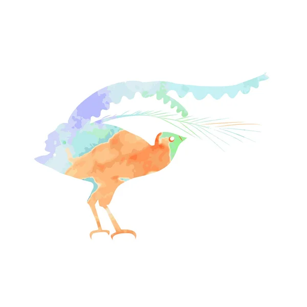 Lyrebird, of vogel-Lira silhouet met oranje, blauw en Violet aquarel textuur — Stockvector