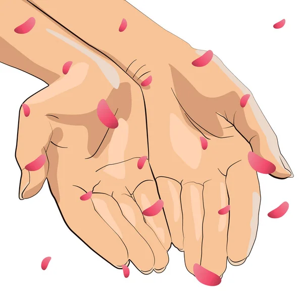Character pair of hands with pink petals that fall — Stock Vector