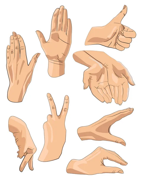 Conjunto de manos en diferentes gestos emociones y signos — Vector de stock