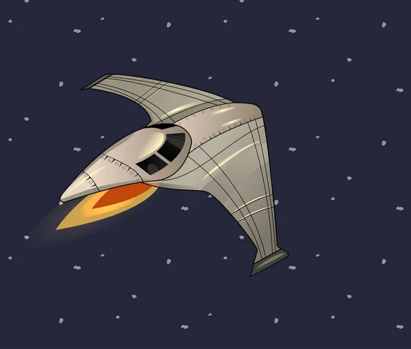 Карикатура на летающий космический корабль в звездном небе. Вектор — стоковый вектор