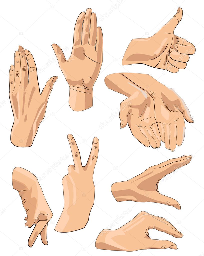 Set of hands in different gestures emotions and signs
