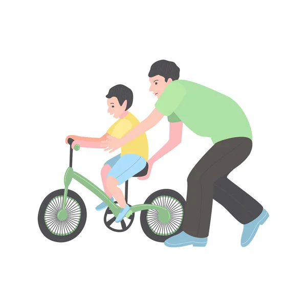 Ο μπαμπάς διδάσκει να ιππεύεις το ποδήλατο του γιου του. Ένας άντρας με ένα μικρό αγόρι. — Διανυσματικό Αρχείο