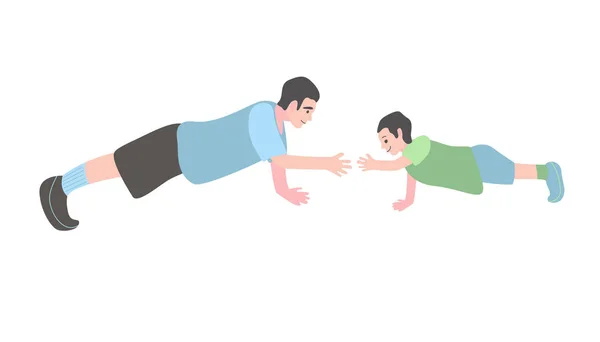Син з батьком робить вправу. Маленький хлопчик і чоловік штовхають вгору . — стоковий вектор