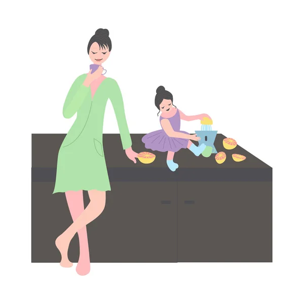 Filha espreme o suco de laranjas para a mãe. menina sentada na mesa perto do espremedor. mulher de pé —  Vetores de Stock
