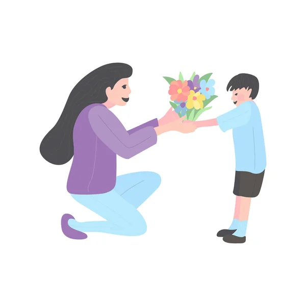 Mãe e filho. A mãe com o filho. menino dá flores —  Vetores de Stock