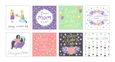 Anne ve kızı ile Sahneler, kalpler, çiçekler, anneler günü tasarım şablonu için hava ballon ile desen ile ayarlayın. yazıtlar ile çok renkli anne günü seti,