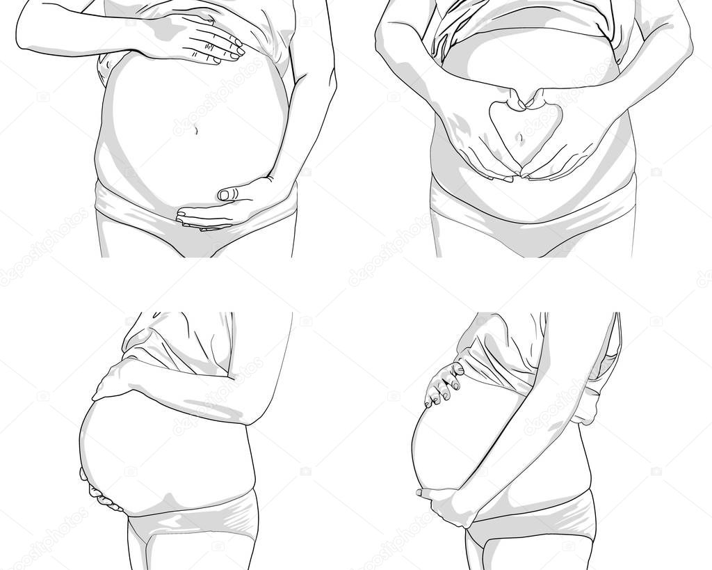 Set With Pregnant Woman Touching Her Belly Isolated On White Young Woman Ex...