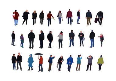 yarı mevsim kıyafetleri yle sokakta yürüyen bir kalabalık. Komik erkek grubu, sonbahar bahar giysileri kadın.