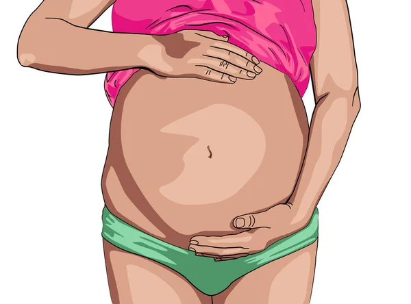 Μαύρη γυναίκα έγκυος. γυναίκα με τα χέρια στην έγκυο κοιλιά της — Διανυσματικό Αρχείο