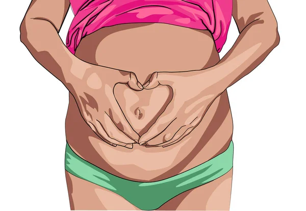 Jeune femme noire enceinte touchant son ventre, ventre enceinte avec les doigts Coeur — Image vectorielle