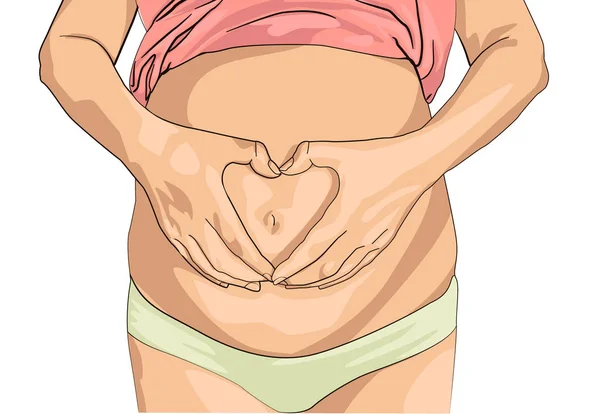 Femme enceinte tenant ses mains en forme de coeur sur sa bosse de bébé. Ventre enceinte avec les doigts Symbole du cœur. — Image vectorielle