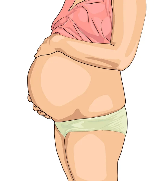 Hamile kadın beyaz izole karnına dokunuyor. Bebek bekleyen genç bir kadın. sevimli hamile göbek. — Stok Vektör
