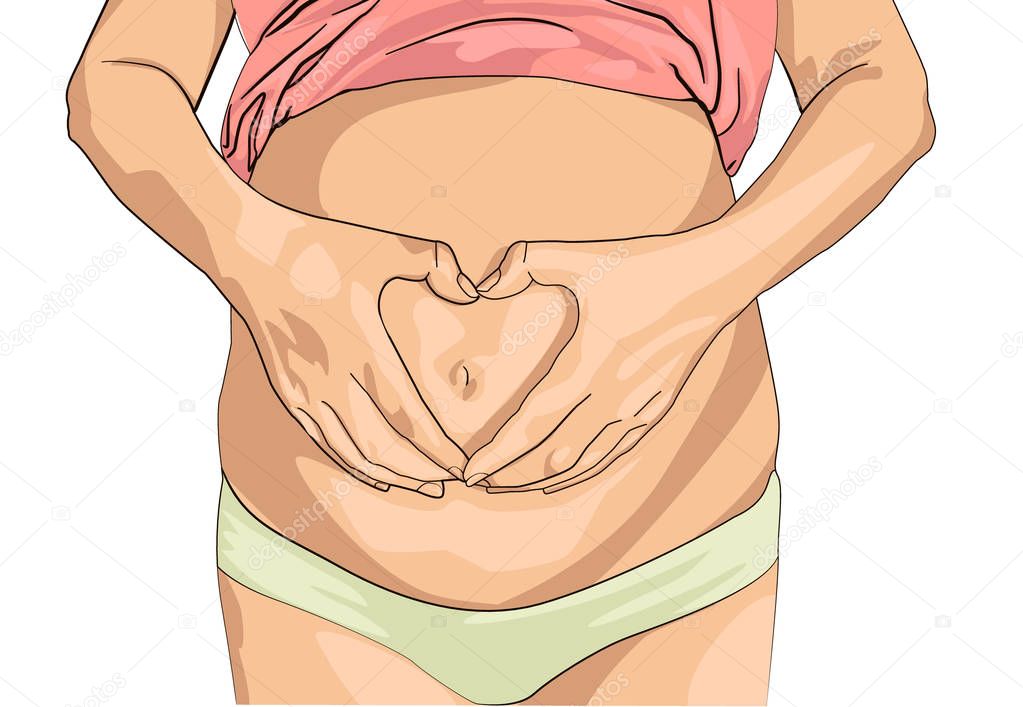 Pregnant Woman holding her hands in a heart shape on her baby bump. Pregnant Belly with fingers Heart symbol.