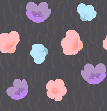 Kaotik dalgalı çizgiler ve çok renkli çiçekler, hipster tarzı arka plan ile desen.