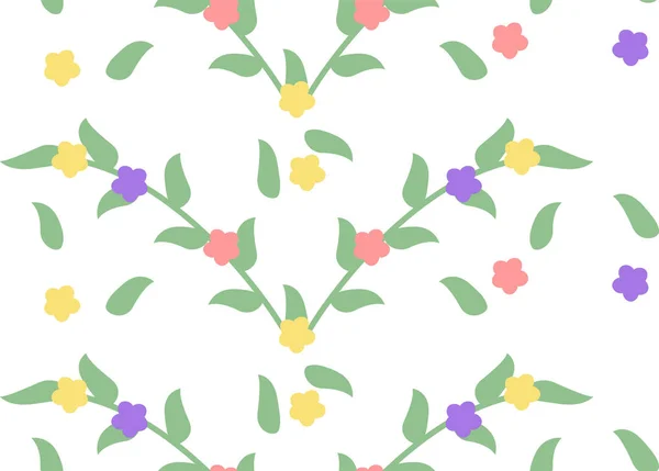 Motif avec des fleurs et des feuilles multicolores. Feuilles rose, violet, jaune et vert — Image vectorielle