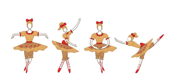 Set of cute dancing cartoon Ballerina characters in yellow ballet skirts. — Stock Vector