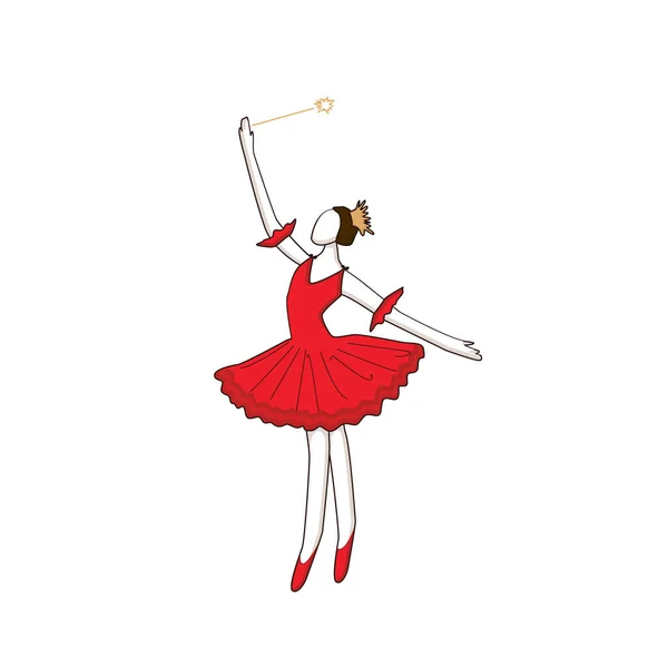 Taniec Ballerina. Młoda baletnica w czerwonej sukni z magiczną różdżką i koroną — Wektor stockowy
