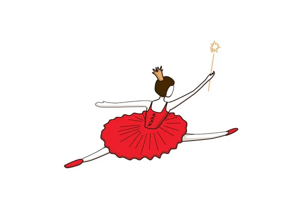 발레리나 춤을 추고 있습니다. 마법의 지팡이와 왕관을 가진 빨간 드레스를 입은 젊은 발레리나 — 스톡 벡터