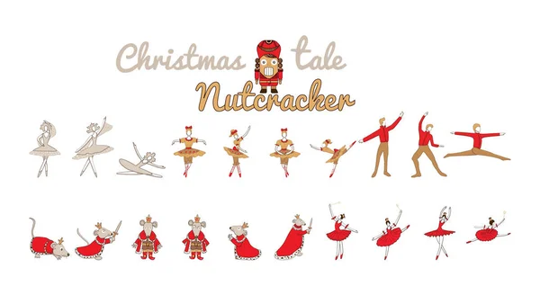 Christmas set with nutcracker, princess, Mouse King, sugar plum fairy, winter fairy. Holiday collection with cute cartoon characters. — Stock Vector