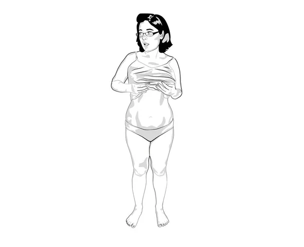 Egy fiatal nő felkapott egy pólót, és megmutatja, egy kövér hasa. — Stock Vector
