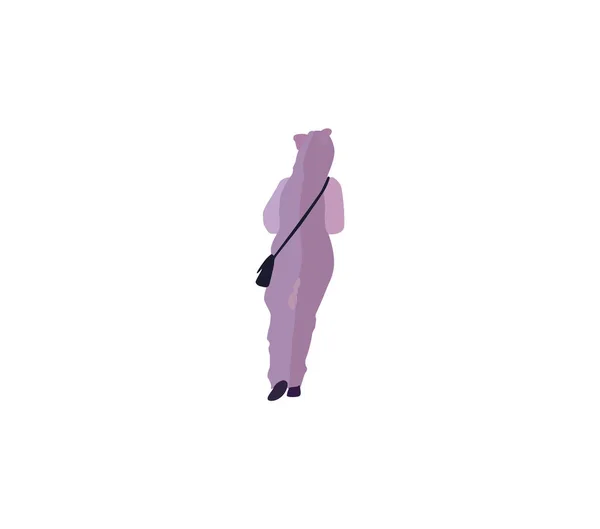 Милая молодая женщина в пушистой фиолетовой пижаме или костюме кошки ходит со спины — стоковый вектор