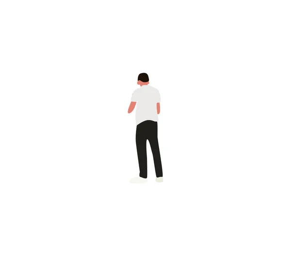 Um homem com uma camiseta branca e calças pretas fica de costas —  Vetores de Stock