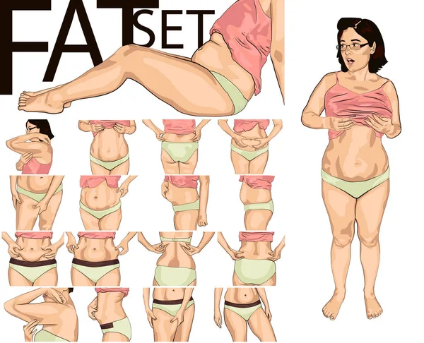 Ställ kvinnor med fet mage. Flickan är förvånad över de extra pounds. — Stock vektor