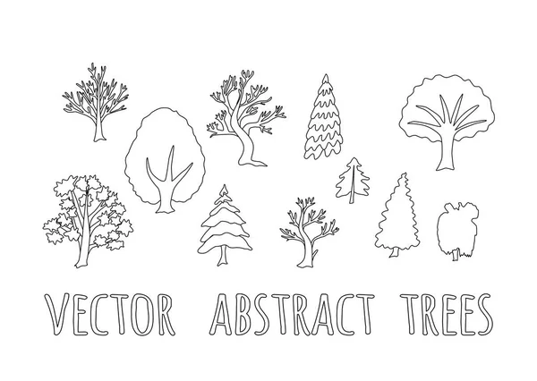 Набор векторных абстрактных деревьев, силуэты, очерченные деревья в коллекции черных цветов . — стоковый вектор