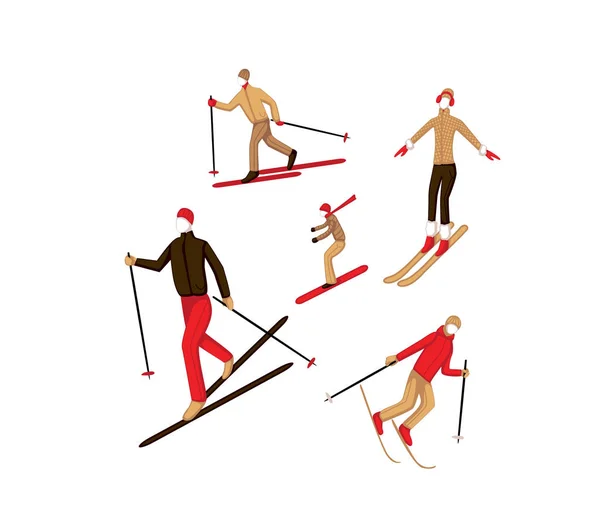 Ilustración vectorial de esquiadores y snowboarders. Deportes hombres y mujeres en la estación de esquí . — Vector de stock