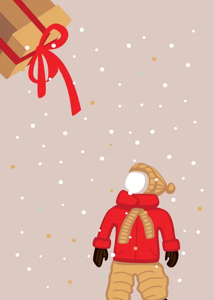 Grußkarte mit kleinen Jungen und großer Geschenkschachtel verziert mit roter Schleife. — Stockvektor