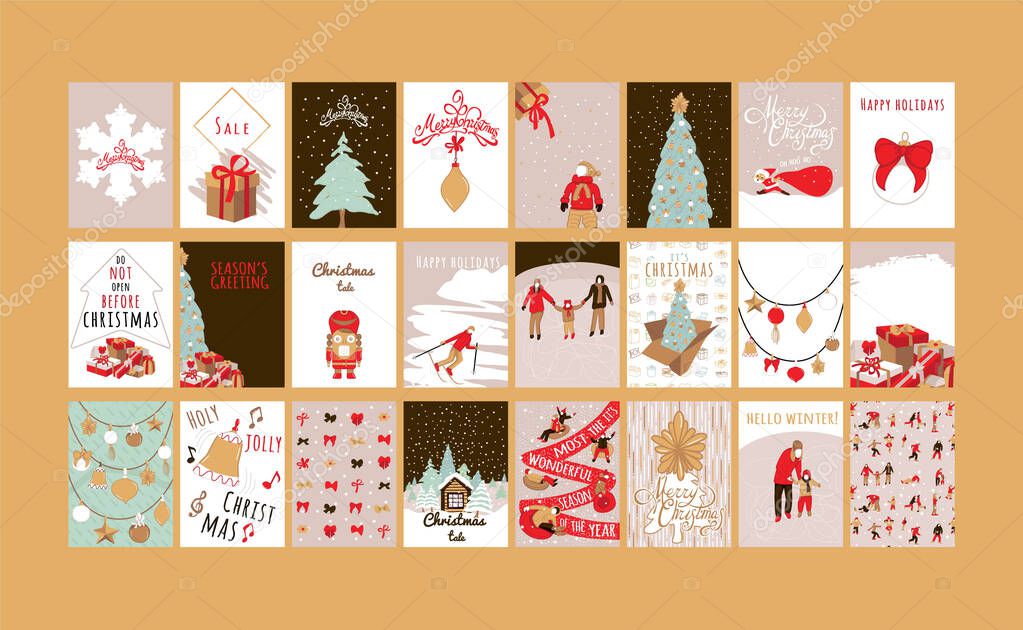 Merry Christmas greeting card set with cute xmas tree, snowflake