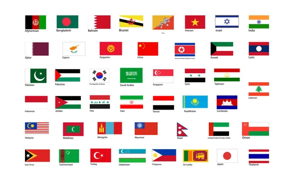 Flags Asia Continente Con Nombres Dimensiones Adecuadas — Vector de stock
