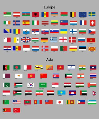 Asya ve Avrupa bayrakları. Resmi ülke bayrakları